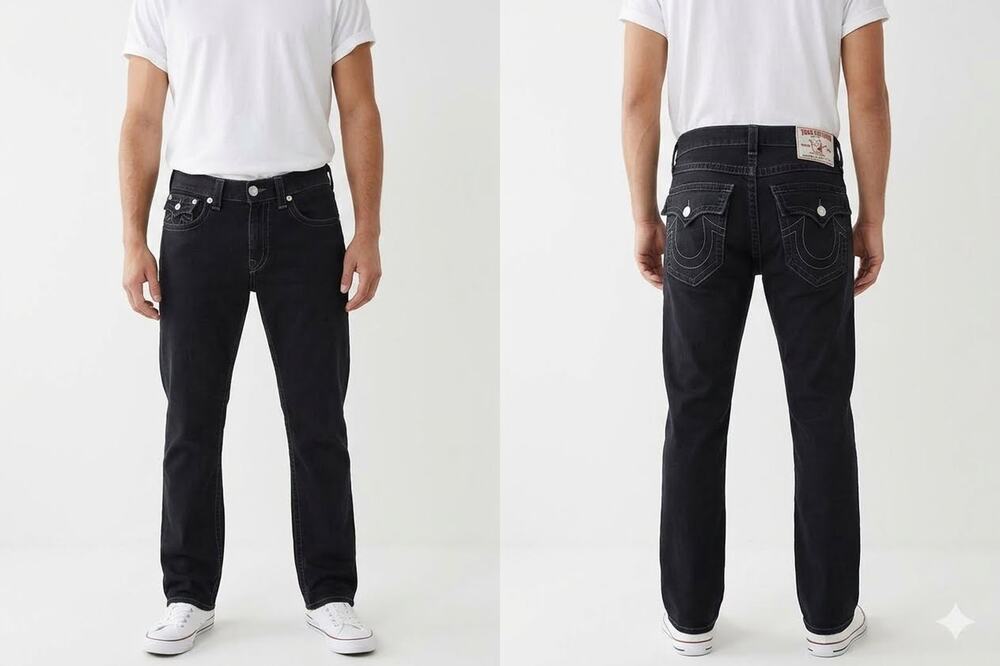 True Religion Straight Leg with Flaps Distressed Men's Jeans - 39W x 34L - Black